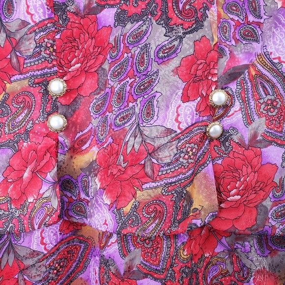 Vintage 80s Maggy Boutique Floral Printed Satin Suit Dress Pearl Buttons - Picture 2 of 9